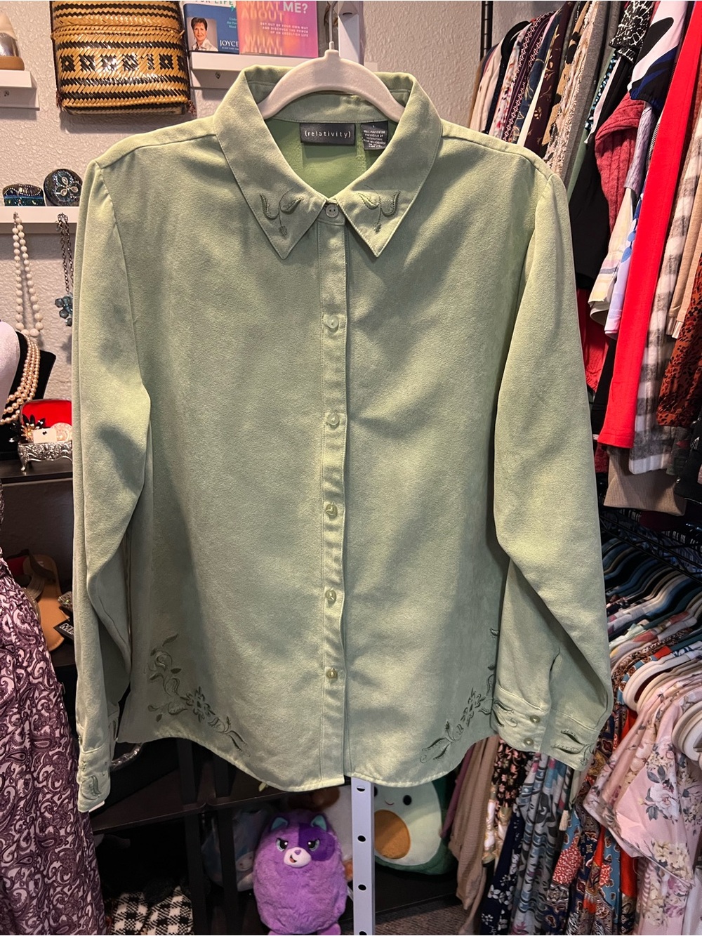 Relativity Sage Green Button-Down Shirt with Embroidered Hem